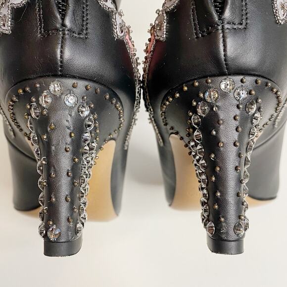 VALENTINO Love Blade Black Leather Crystal Beaded Heart Ankle Wrap Heels - Picture 11 of 11